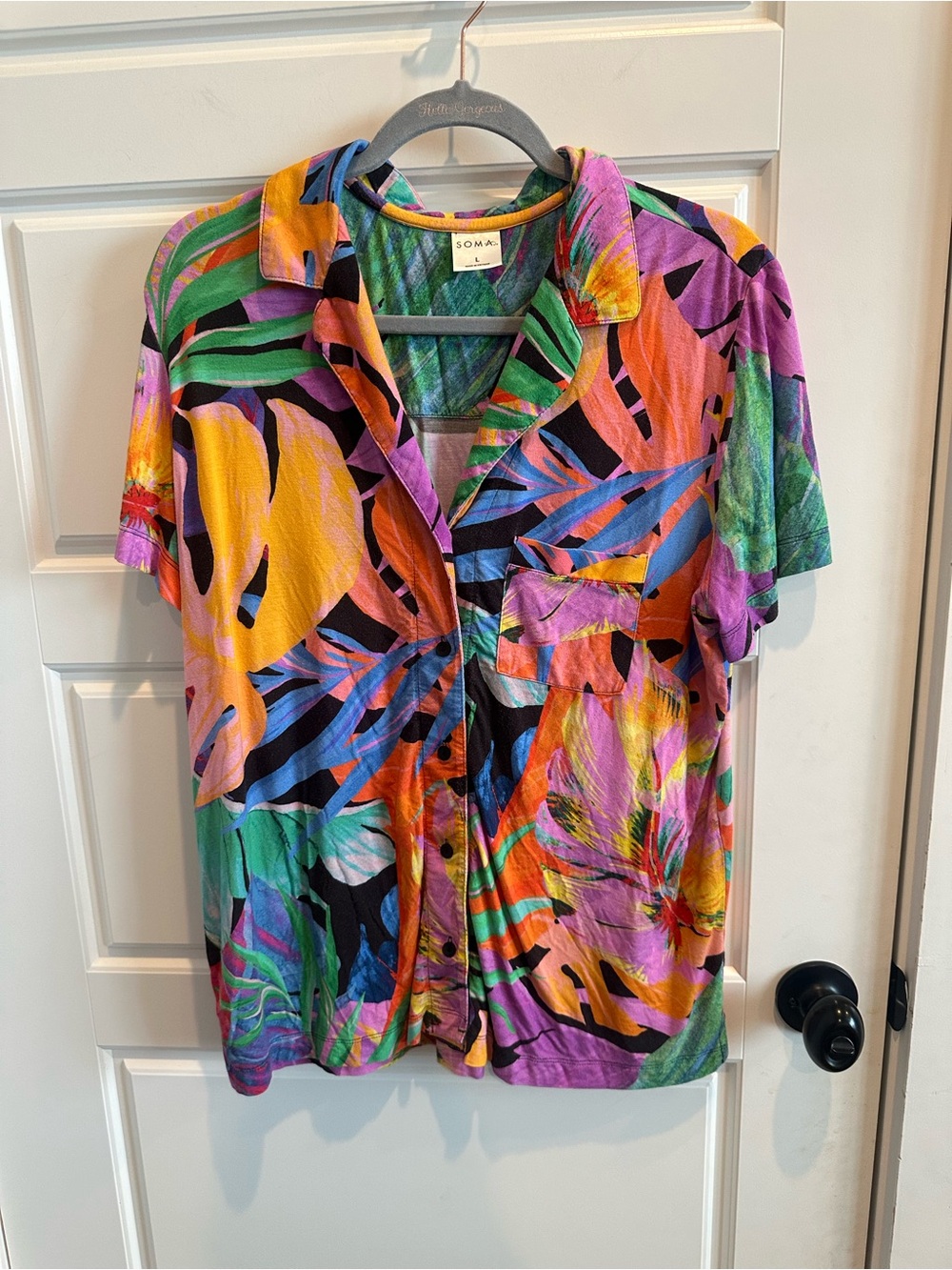 Soma Large Cool Nights Tropical Floral Pajama Top Button Down Sleep Shirt